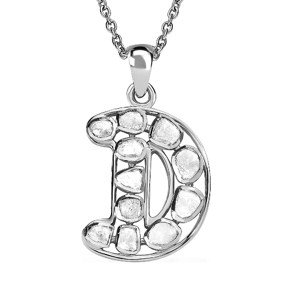 Natural Uncut Polki Diamond 0.50 ctw Initial D Pendant Necklace in Platinum Over Sterling Silver 20 Inches