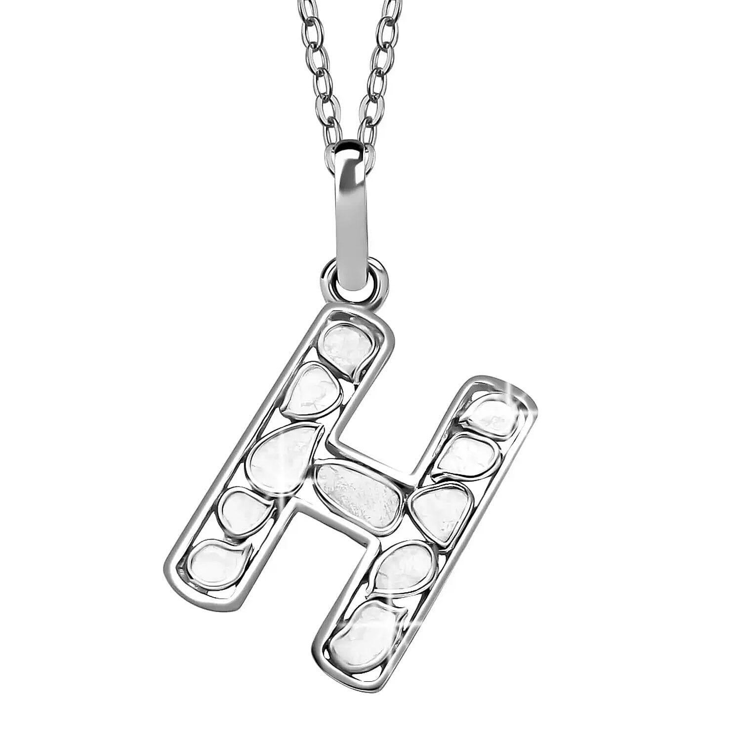 Natural Uncut Polki Diamond 0.50 ctw Initial H Pendant Necklace in Platinum Over Sterling Silver 20 Inches