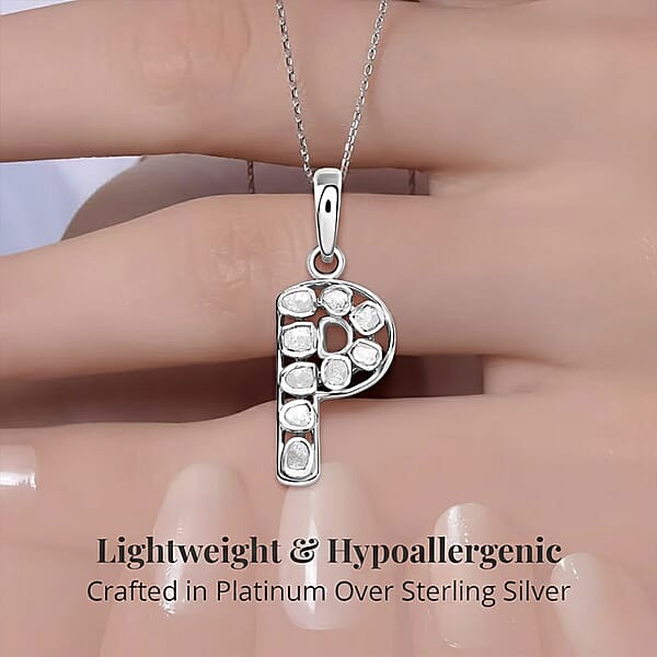 Natural Uncut Polki Diamond 0.50 Ctw Initial P Pendant Necklace In Platinum Over Sterling Silver 20 Inches