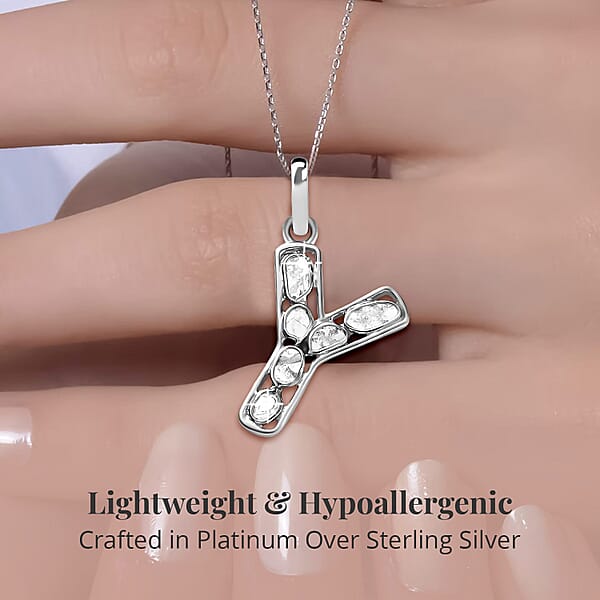 Natural Uncut Polki Diamond 0.50 Ctw Initial Y Pendant Necklace In Platinum Over Sterling Silver 20 Inches