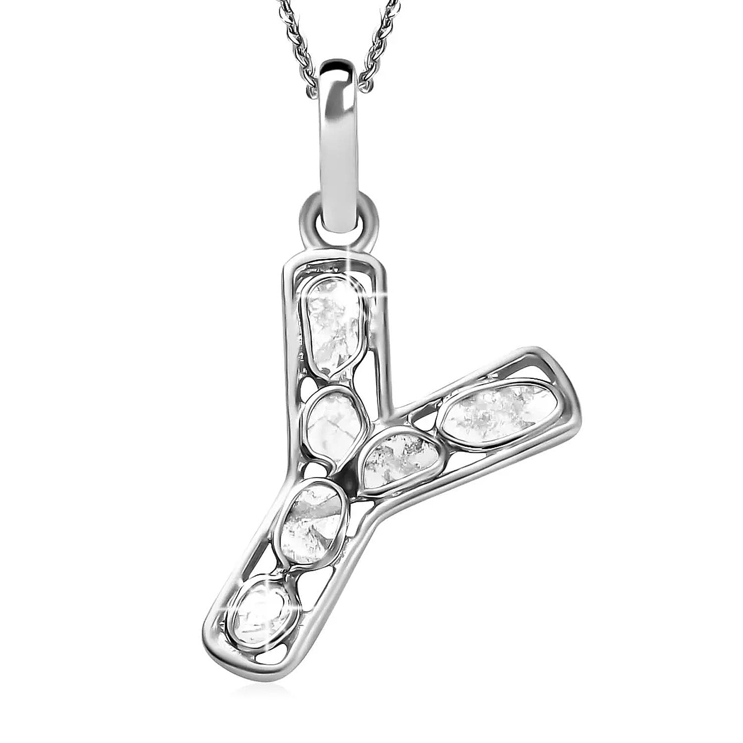 Natural Uncut Polki Diamond 0.50 ctw Initial Y Pendant Necklace in Platinum Over Sterling Silver 20 Inches