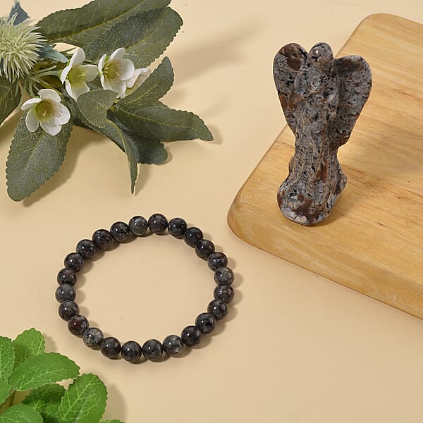 Natural Yooperlite 375.00 Ctw Angel And Beaded Stretch Bracelet With Free UV Flash Light