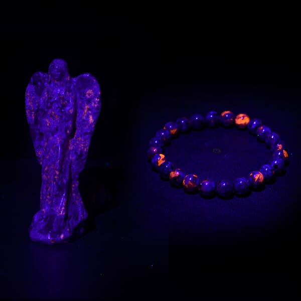 Natural Yooperlite 375.00 Ctw Angel And Beaded Stretch Bracelet With Free UV Flash Light