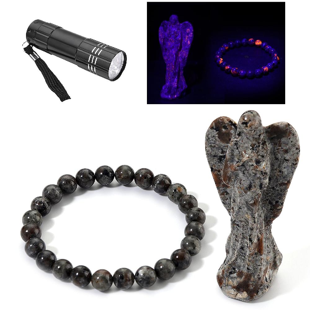 Natural Yooperlite 375.00 ctw Angel and Beaded Stretch Bracelet with Free UV Flash Light