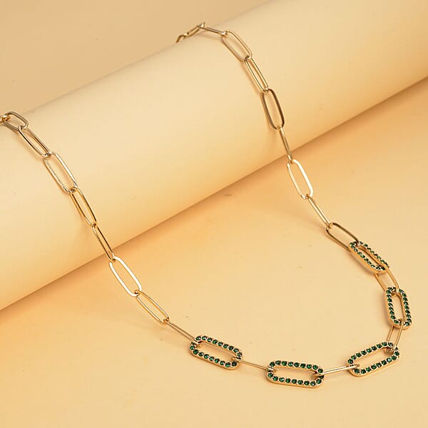Neon Green Austrian Crystal Paper Clip Chain Necklace In ION Plated YG Stainless Steel 20-22 Inches Tarnish-Free Waterproof Sweat Proof Jewelry