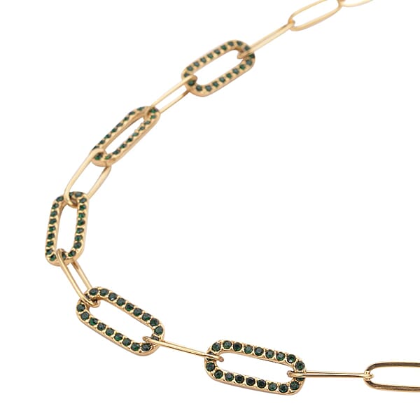 Neon Green Austrian Crystal Paper Clip Chain Necklace In ION Plated YG Stainless Steel 20-22 Inches Tarnish-Free Waterproof Sweat Proof Jewelry