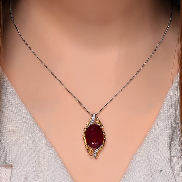 Niassa Ruby (FF) And Moissanite 14.80 Ctw Double Dragon Pendant Necklace In 18K Vermeil YG And Rhodium Over Sterling Silver 18 Inches