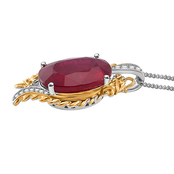 Niassa Ruby (FF) And Moissanite 14.80 Ctw Double Dragon Pendant Necklace In 18K Vermeil YG And Rhodium Over Sterling Silver 18 Inches