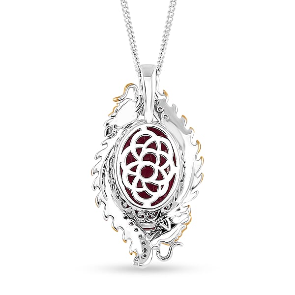 Niassa Ruby (FF) And Moissanite 14.80 Ctw Double Dragon Pendant Necklace In 18K Vermeil YG And Rhodium Over Sterling Silver 18 Inches