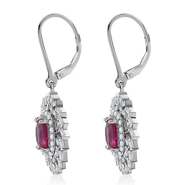Niassa Ruby (FF) And Moissanite 4.00 Ctw Earrings In Rhodium Over Sterling Silver
