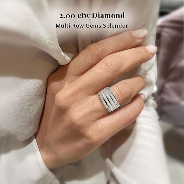 NY Closeout 10K White Gold Diamond (G-H SI) Multi Row Ring Wedding Band Ring For Women (8.80 G) 2.00 Ctw
