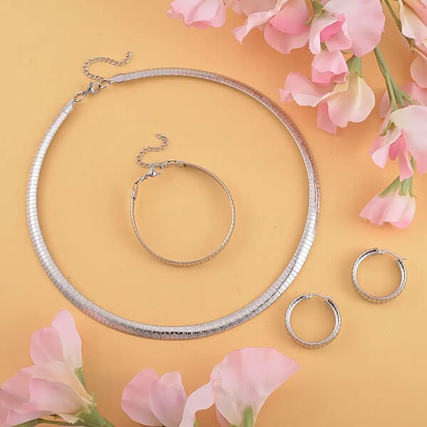 Omega Zig-Zag Texture Chain Necklace 20-22 Inches Bracelet (7.50-9.50In) And Earrings In Stainless Steel Durable Jewelry Set Birthday Gift For Her