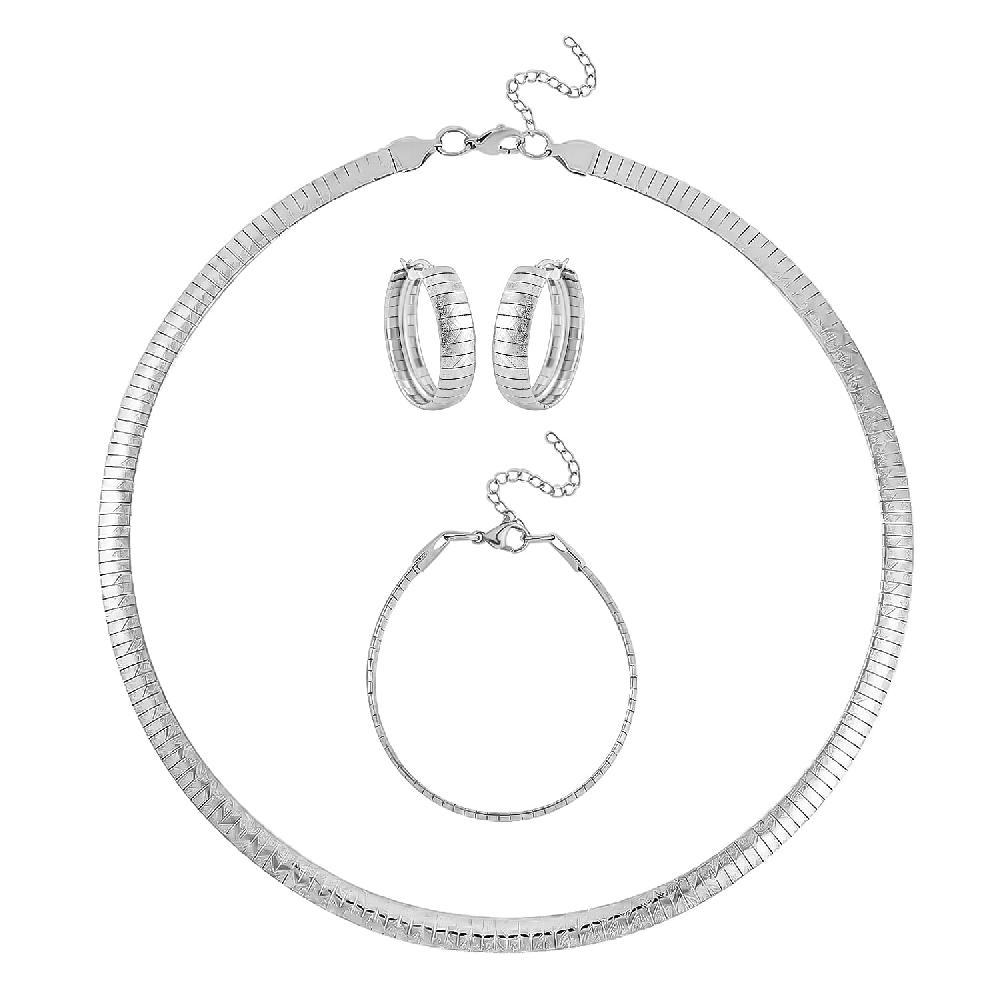 Omega Zig-Zag Texture Chain Necklace 20-22 Inches Bracelet (7.50-9.50In) and Earrings in Stainless Steel Durable Jewelry Set Birthday Gift For Her