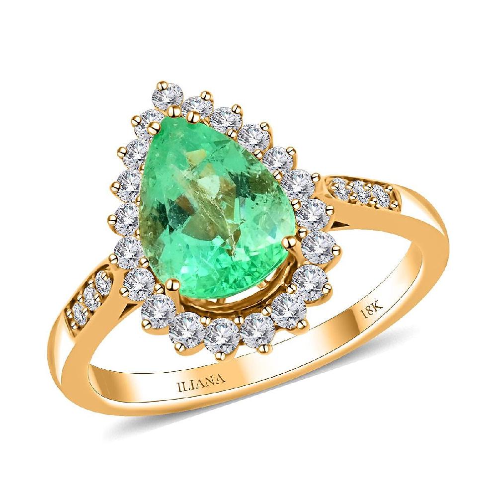 One Of A Kind Certified & Appraised Iliana AAA Boyaca Colombian Emerald and Diamond G-H SI 2.30 ctw Sunburst Ring in 18K Yellow Gold 4 Grams