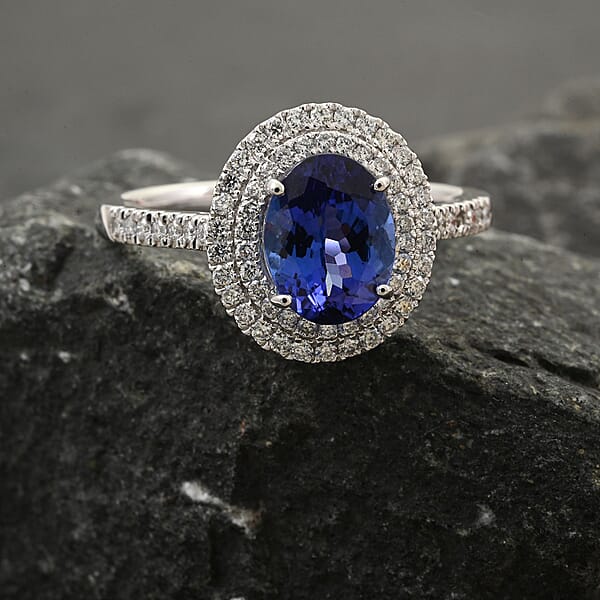 One Of A Kind Certified & Appraised Rhapsody 950 Platinum AAAA Tanzanite And E-F VS Diamond Double Halo Ring 6.13 Grams 2.60 Ctw