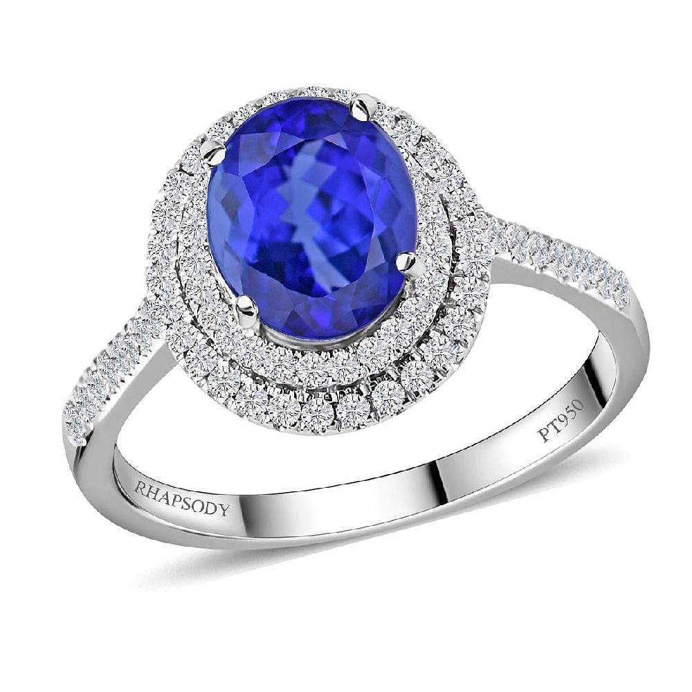 One Of A Kind Certified & Appraised Rhapsody 950 Platinum AAAA Tanzanite and E-F VS Diamond Double Halo Ring 6.13 Grams 2.60 ctw