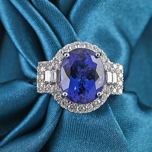 One Of A Kind Certified & Appraised Rhapsody AAAA Tanzanite And E-F VS Diamond 5.30 Ctw Halo Ring In 950 Platinum 6 Grams