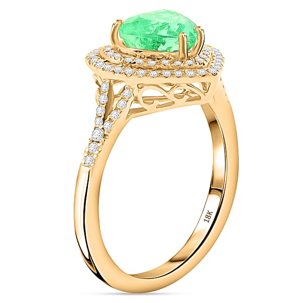 One Of A Kind Iliana 18K Yellow Gold AAA Boyaca Colombian Emerald And G-H SI Diamond Heart Shape Double Halo Ring 4.23 Grams 2.00 Ctw