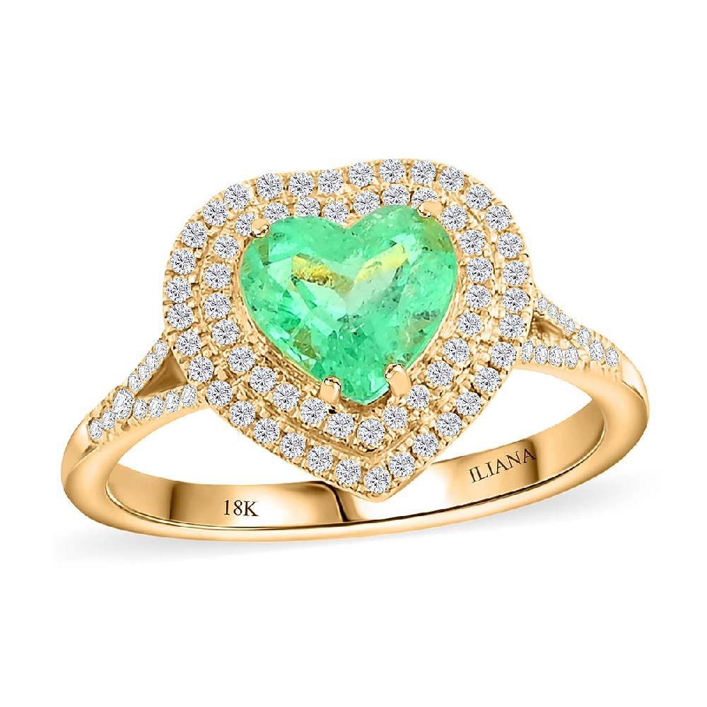 One Of A Kind Iliana 18K Yellow Gold AAA Boyaca Colombian Emerald and G-H SI Diamond Heart Shape Double Halo Ring 4.23 Grams 2.00 ctw