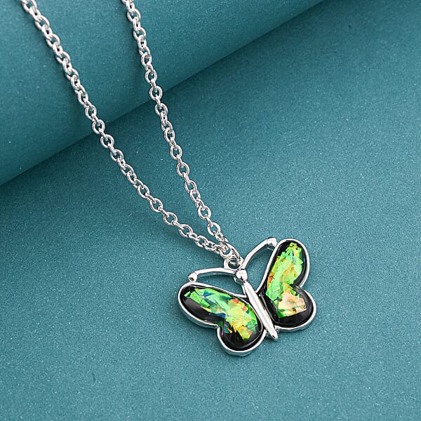 Opal 12.00 Ctw Butterfly Necklace In Silvertone 16-18 Inches