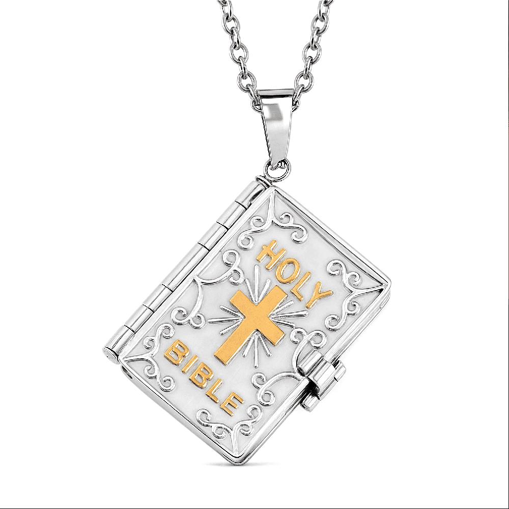 Openable Holy Cross Bible Pendant in ION Plated YG and Hypoallergenic Stainless Steel with Adjustable 24 Inch Necklace