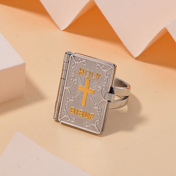 Openable Holy Cross Bible Ring In ION Plated YG And Stainless Steel