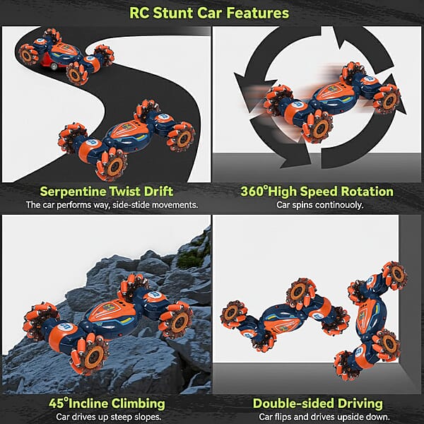Orange 4 Wheel Light And Musical Stunt Car With Remote Control (25km/H Maximum Speed) (Charge For 2 Hours 3.7V 500mAH Lithium Battery)