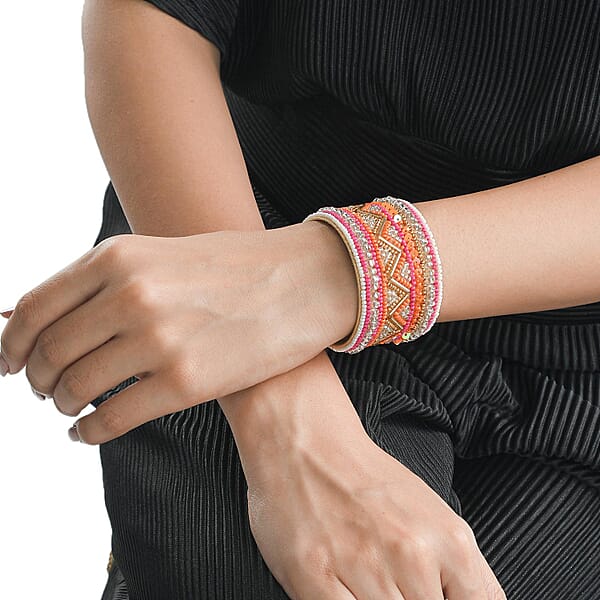 Orange Glass Seed Beaded Chevron Cuff Bracelet In Goldtone