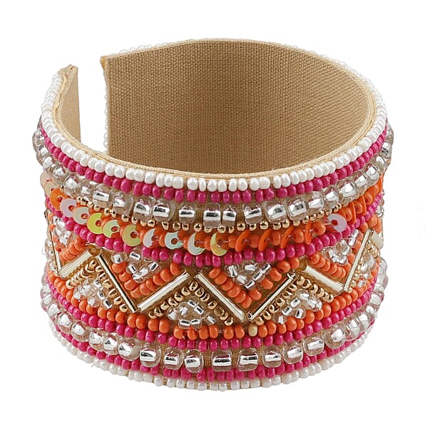 Orange Glass Seed Beaded Chevron Cuff Bracelet In Goldtone