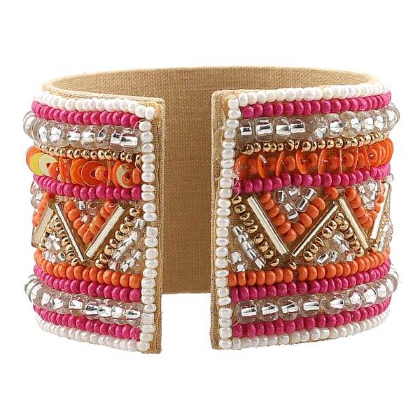 Orange Glass Seed Beaded Chevron Cuff Bracelet In Goldtone