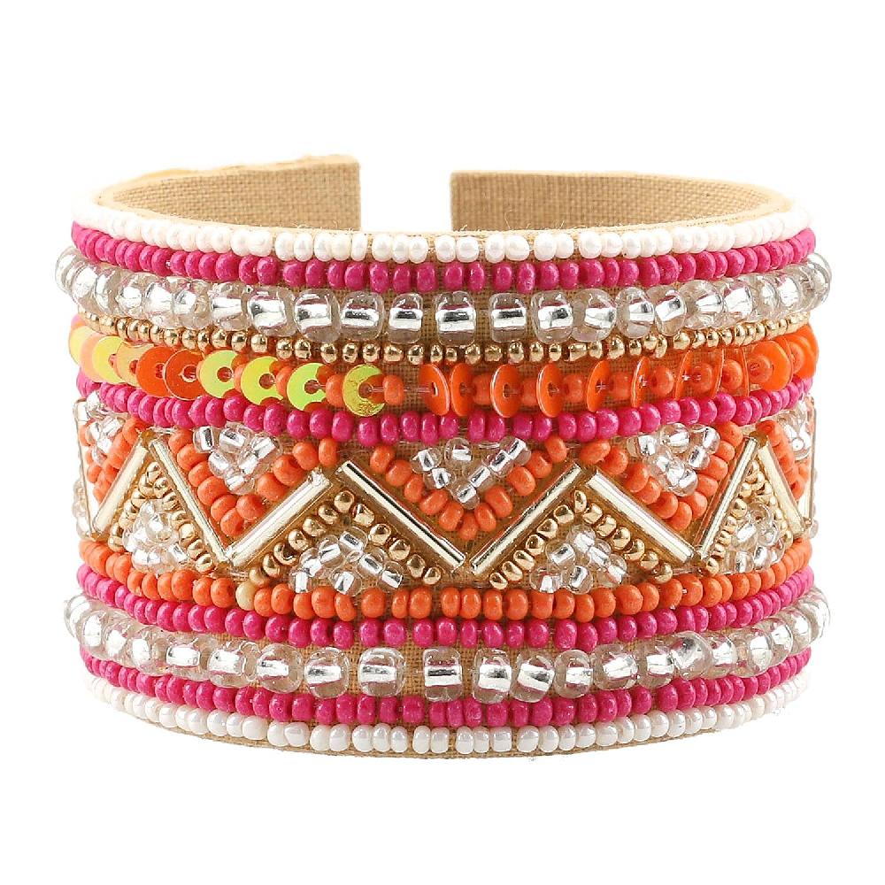 Orange Glass Seed Beaded Chevron Cuff Bracelet in Goldtone