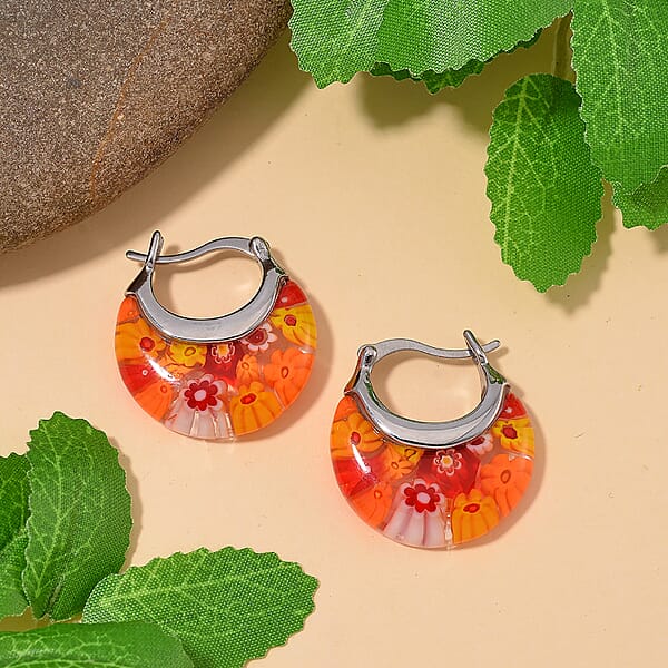 Orange Murano Style Basket Earrings In Stainless Steel With Lifetime Guarantee