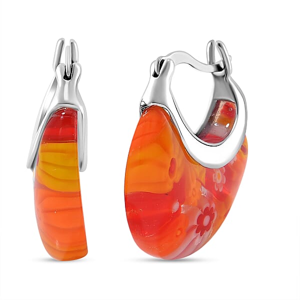 Orange Murano Style Basket Earrings In Stainless Steel With Lifetime Guarantee