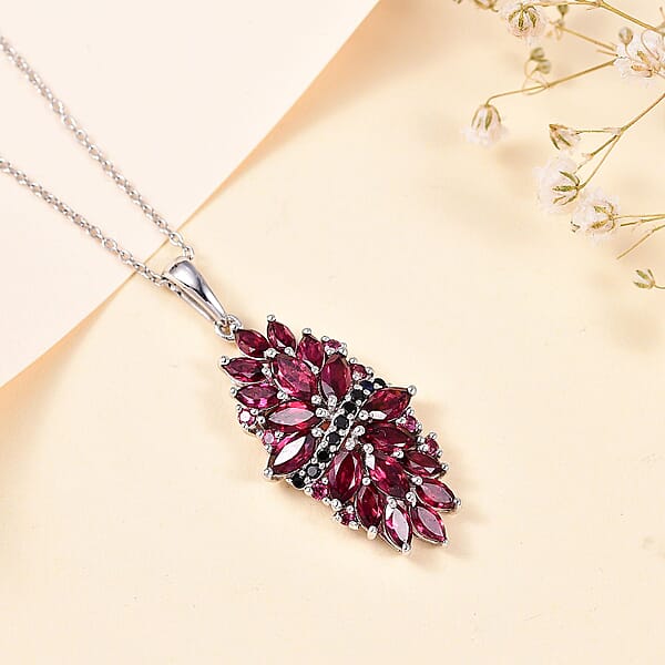 Orissa Rhodolite Garnet And Thai Black Spinel Mums Flower Pendant Necklace 20 Inches In Rhodium Over Sterling Silver 4.65 Ctw