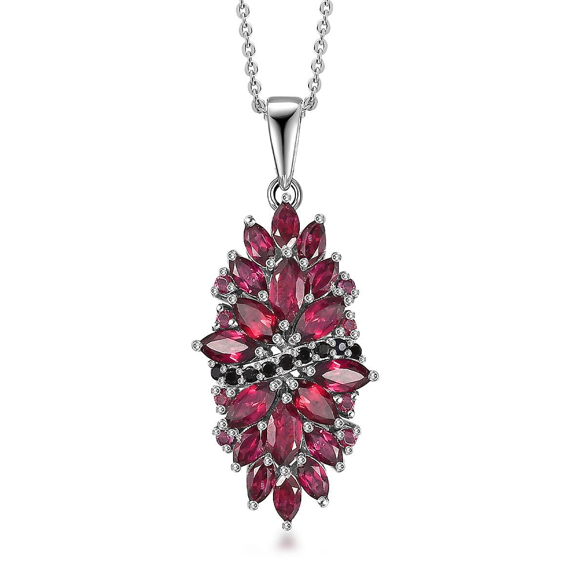 Orissa Rhodolite Garnet and Thai Black Spinel Mums Flower Pendant Necklace 20 Inches in Rhodium Over Sterling Silver 4.65 ctw