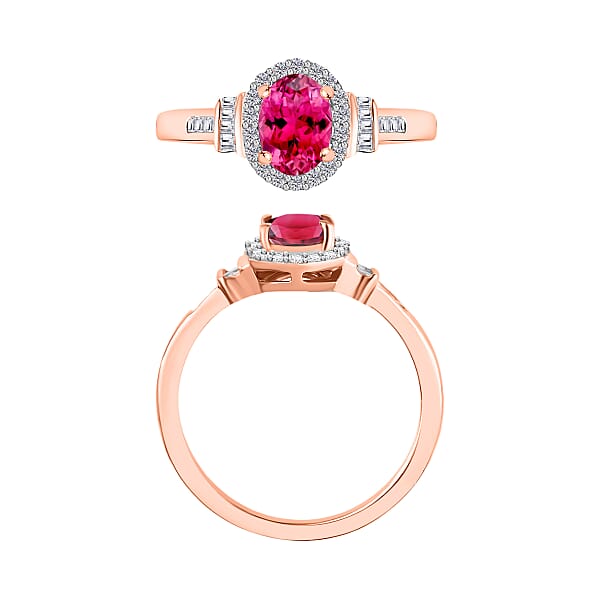Ouro Fino Rubellite And Diamond 1.00 Ctw Ring In 18K Vermeil Rose Gold Over Sterling Silver (Del. In 10-12 Days)