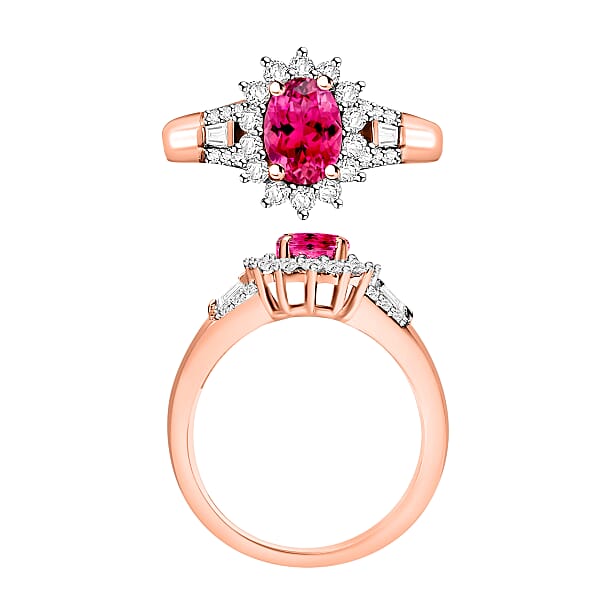 Ouro Fino Rubellite And Moissanite 1.25 Ctw Sunburst Ring In 18K Vermeil Rose Gold Over Sterling Silver (Del. In 10-12 Days)