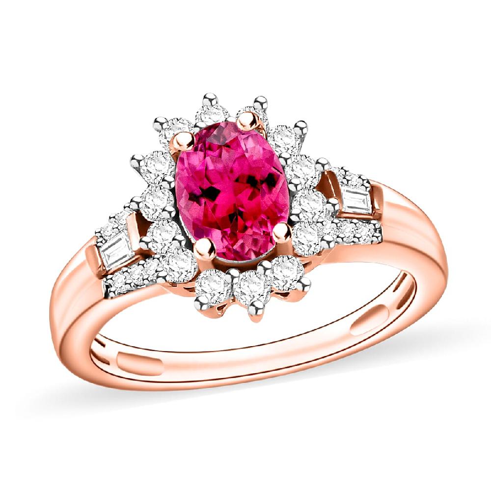 Ouro Fino Rubellite and Moissanite 1.25 ctw Sunburst Ring in 18K Vermeil Rose Gold Over Sterling Silver (Del. in 10-12 Days)
