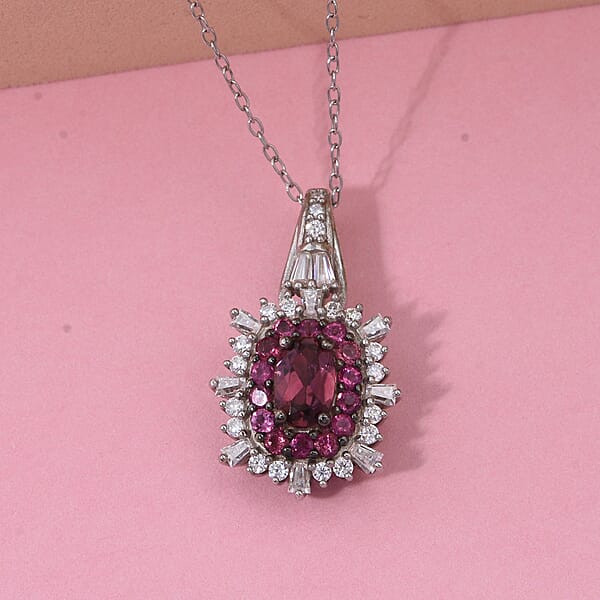 Ouro Fino Rubellite And Moissanite 1.35 Ctw Firecracker Pendant Necklace In Rhodium Over Sterling Silver 20 Inches