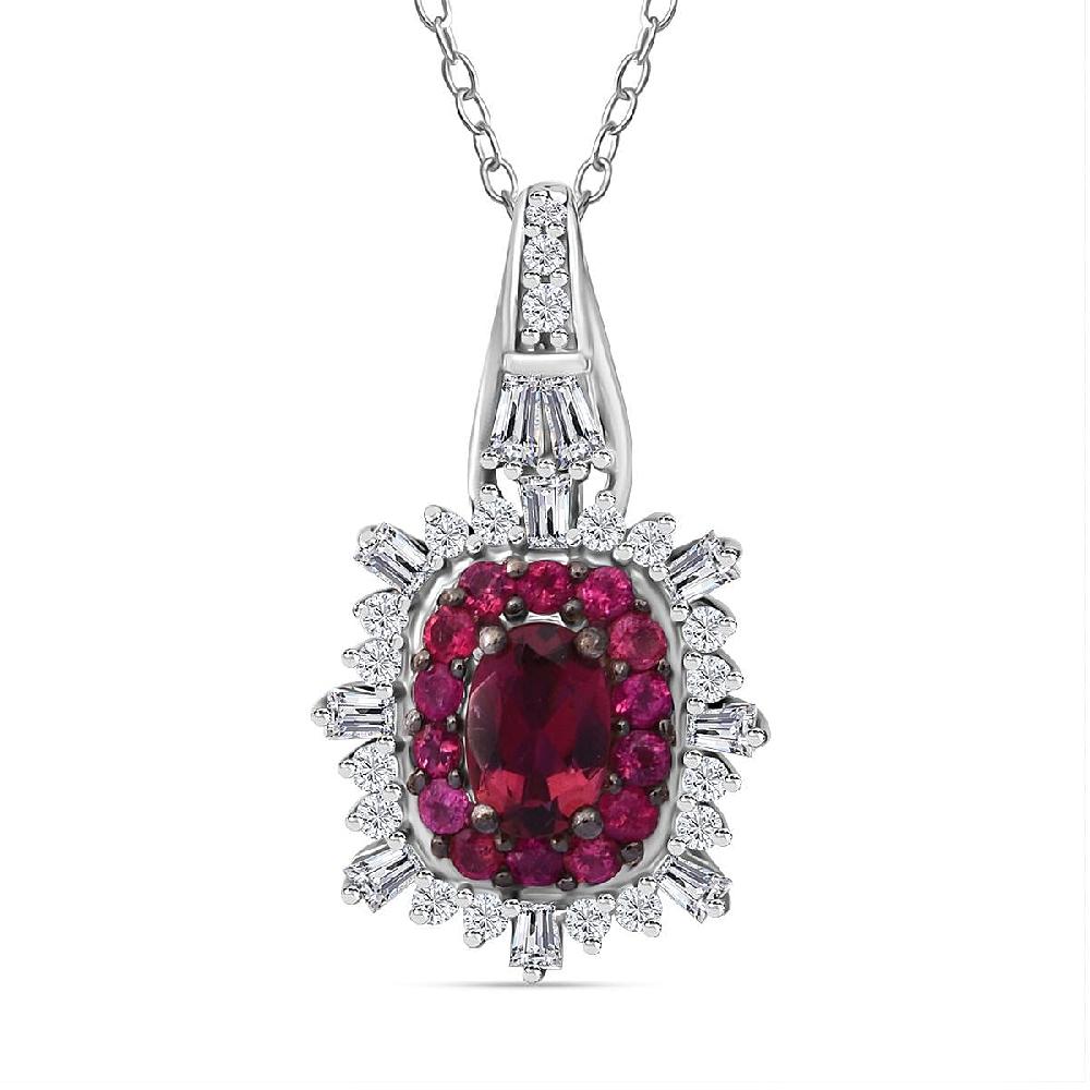 Ouro Fino Rubellite and Moissanite 1.35 ctw Firecracker Pendant Necklace in Rhodium Over Sterling Silver 20 Inches