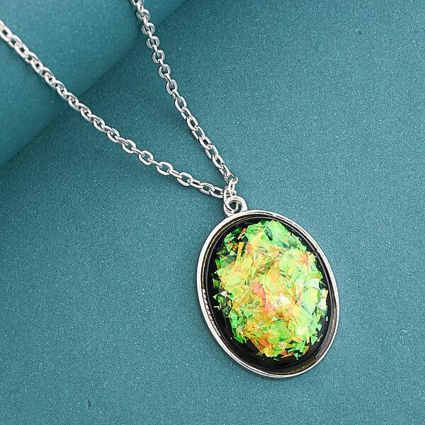 Oval Opal 12.00 Ctw Flakes Necklace In Silvertone 16-18 Inches