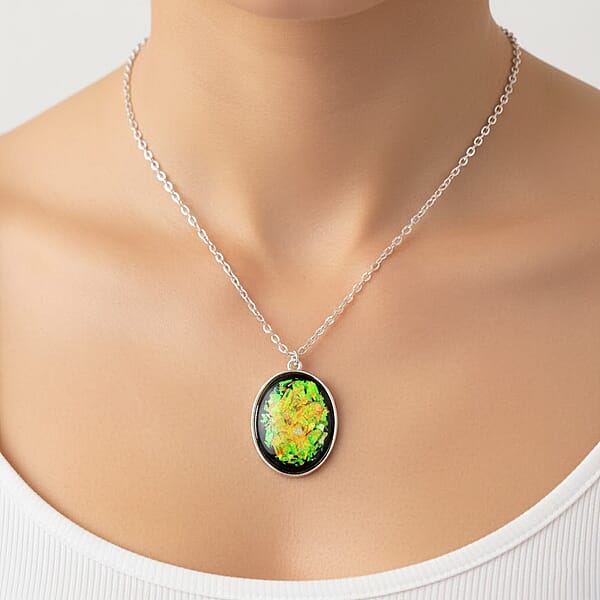 Oval Opal 12.00 Ctw Flakes Necklace In Silvertone 16-18 Inches