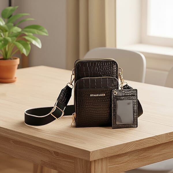 Passage Dark Coffee Crocodile Embossed Faux Leather Crossbody Bag With Shoulder Strap 47 Inches