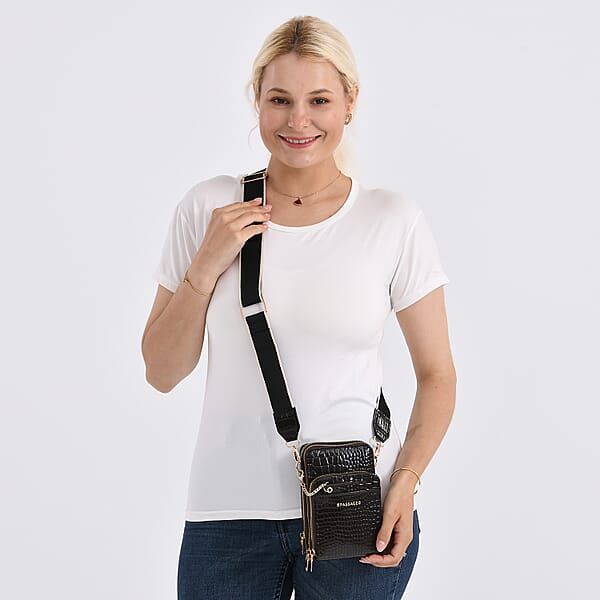 Passage Dark Coffee Crocodile Embossed Faux Leather Crossbody Bag With Shoulder Strap 47 Inches