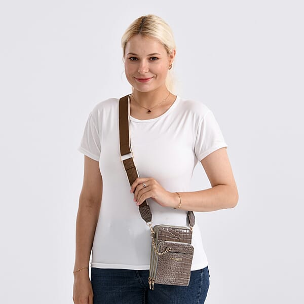 Passage Grey Crocodile Embossed Faux Leather Crossbody Bag With Shoulder Strap 47 Inches