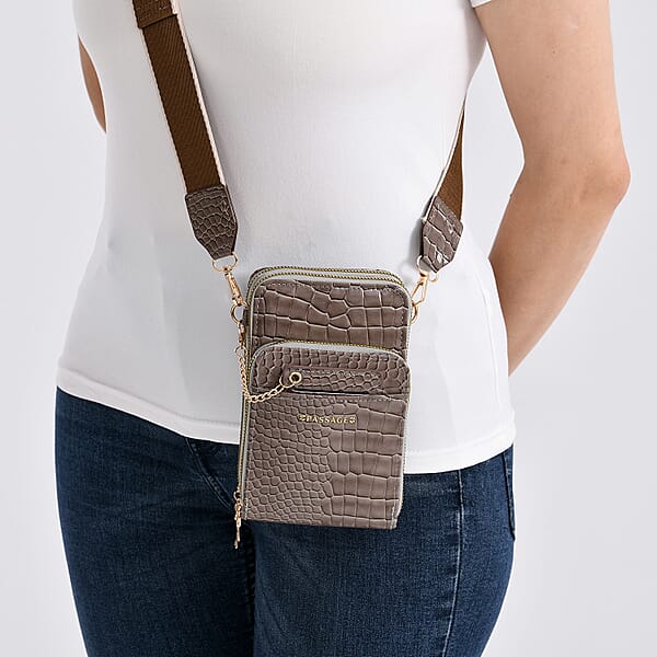 Passage Grey Crocodile Embossed Faux Leather Crossbody Bag With Shoulder Strap 47 Inches