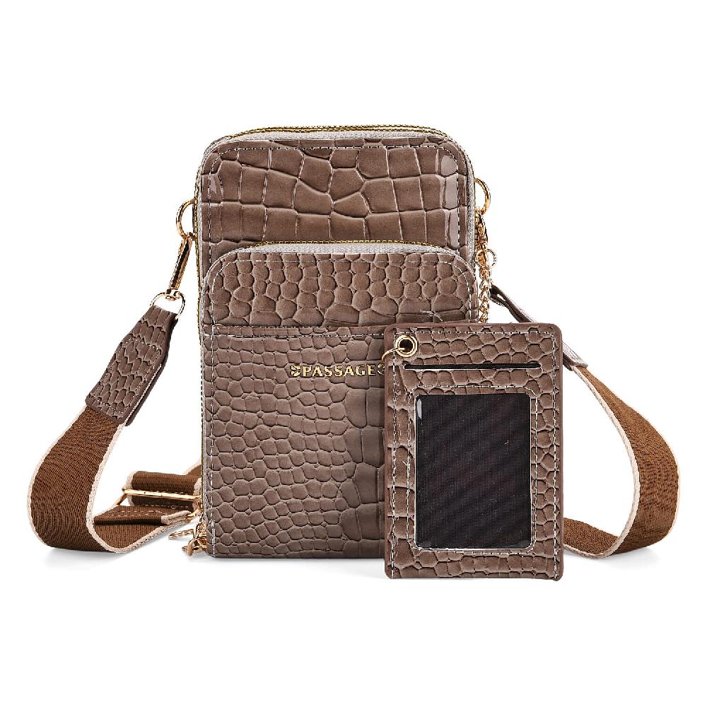 Passage Grey Crocodile Embossed Faux Leather Crossbody Bag with Shoulder Strap 47 Inches