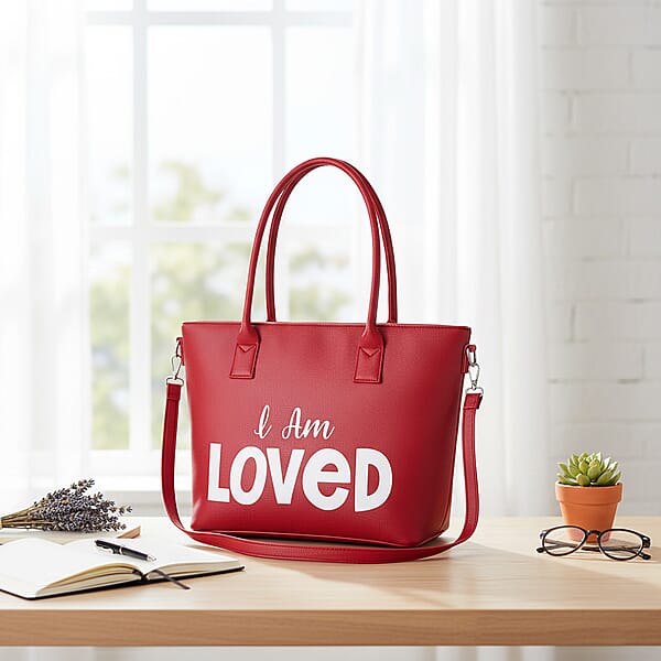 Passage Red I Am Loved Print Faux Leather Tote Bag With Shoulder Strap