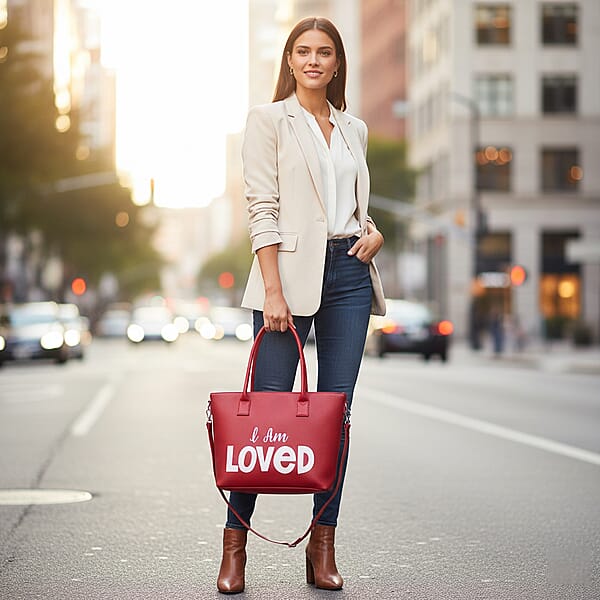 Passage Red I Am Loved Print Faux Leather Tote Bag With Shoulder Strap