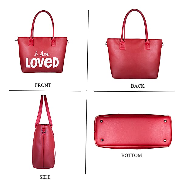 Passage Red I Am Loved Print Faux Leather Tote Bag With Shoulder Strap